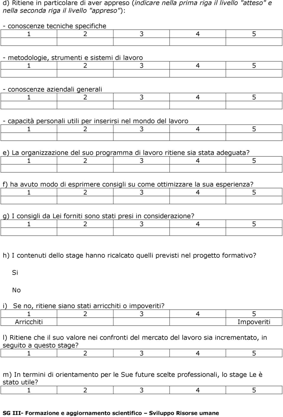 f) ha avuto modo di esprimere consigli su come ottimizzare la sua esperienza? g) I consigli da Lei forniti sono stati presi in considerazione?