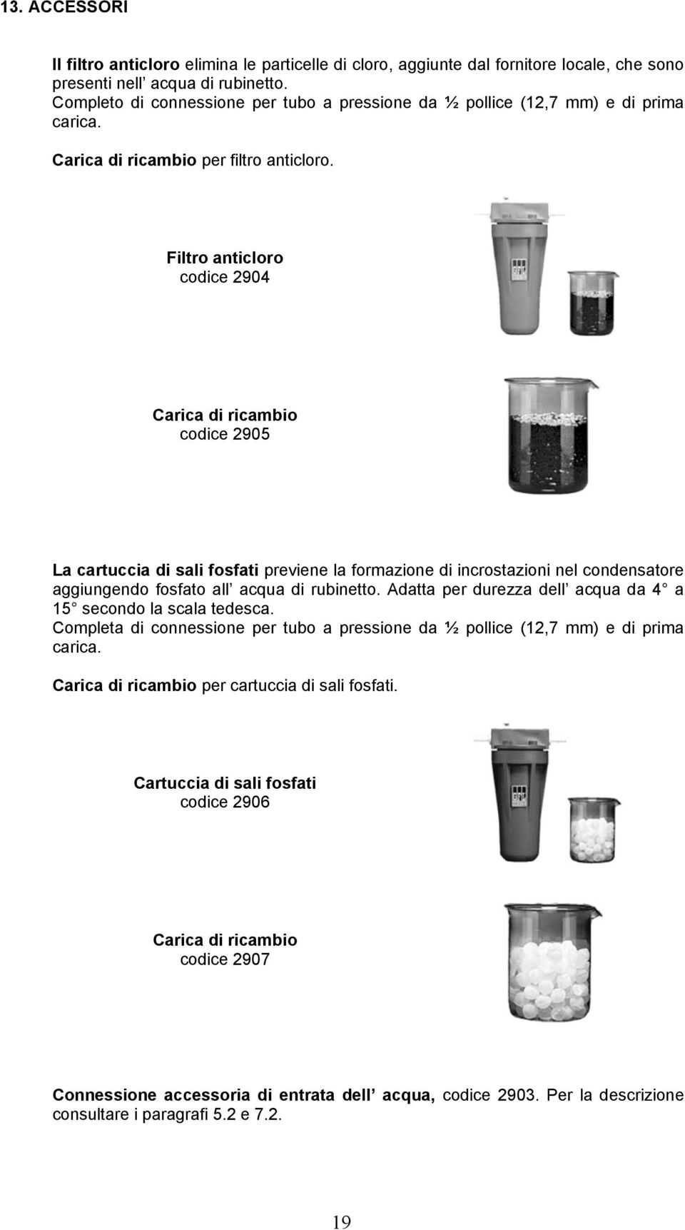 Filtro anticloro codice 2904 Carica di ricambio codice 2905 La cartuccia di sali fosfati previene la formazione di incrostazioni nel condensatore aggiungendo fosfato all acqua di rubinetto.