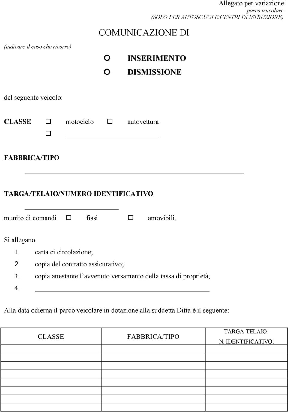 amovibili. Si allegano 1. carta ci circolazione; 2. copia del contratto assicurativo; 3.