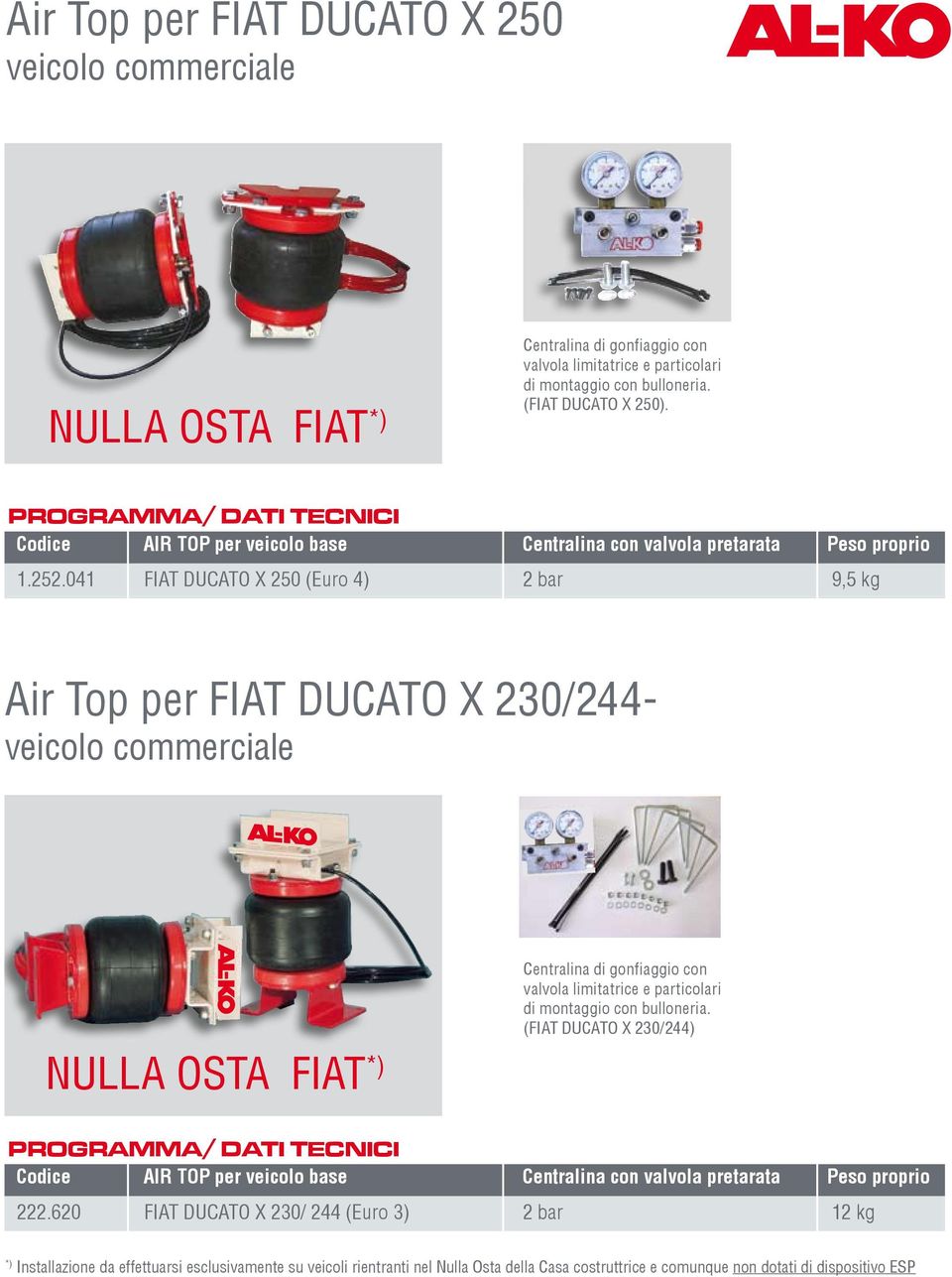 041 FAT DUCATO X 250 (Euro 4) 2 bar 9,5 kg Air Top per FAT DUCATO X 230/244- veicolo commerciale NULLA OSTA FAT *) valvola limitatrice e