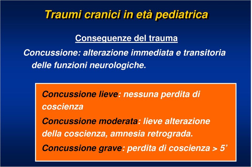 Concussione lieve: nessuna perdita di coscienza Concussione moderata: lieve