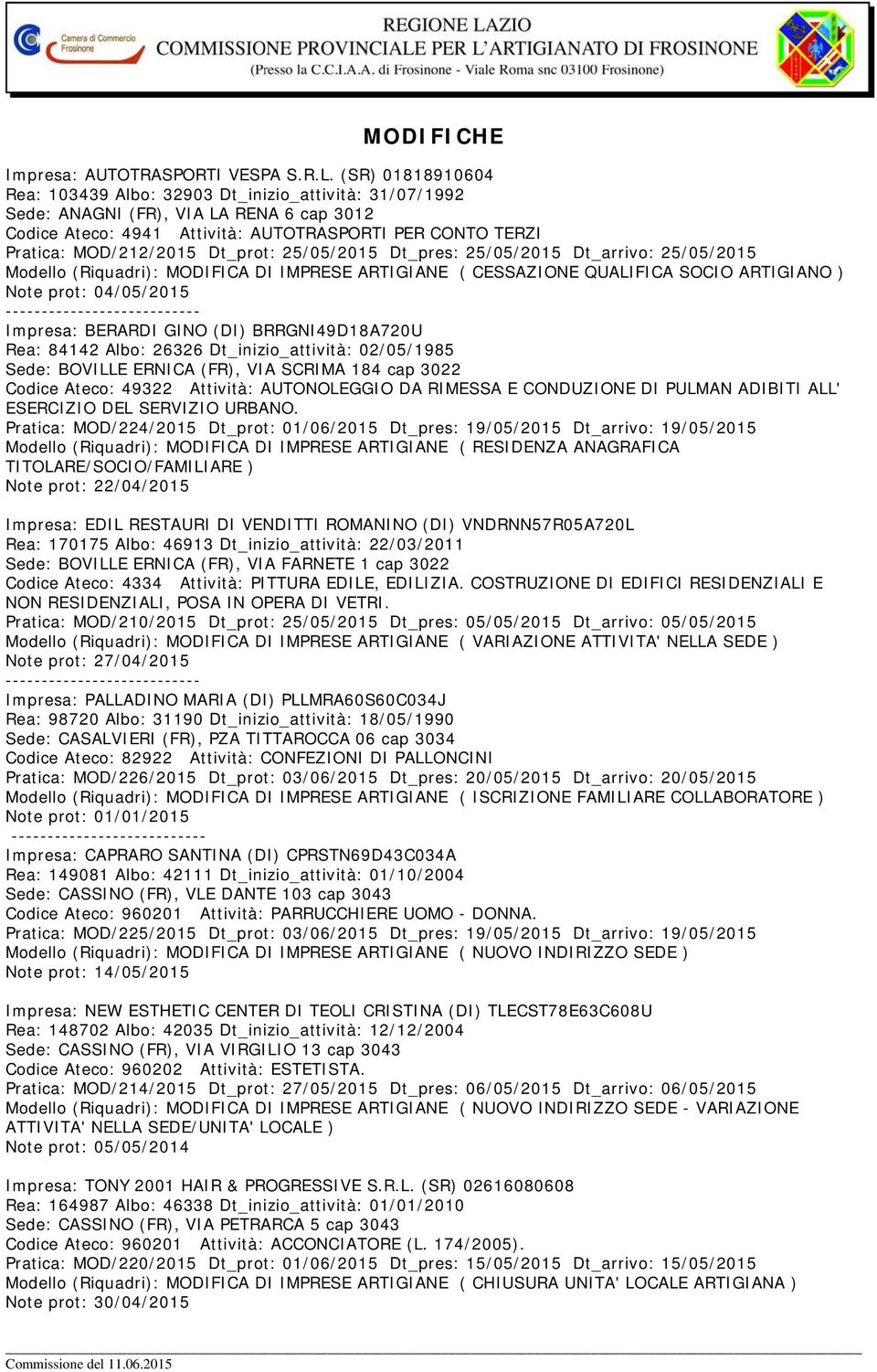 Dt_prot: 25/05/2015 Dt_pres: 25/05/2015 Dt_arrivo: 25/05/2015 Modello (Riquadri): MODIFICA DI IMPRESE ARTIGIANE ( CESSAZIONE QUALIFICA SOCIO ARTIGIANO ) Note prot: 04/05/2015 Impresa: BERARDI GINO