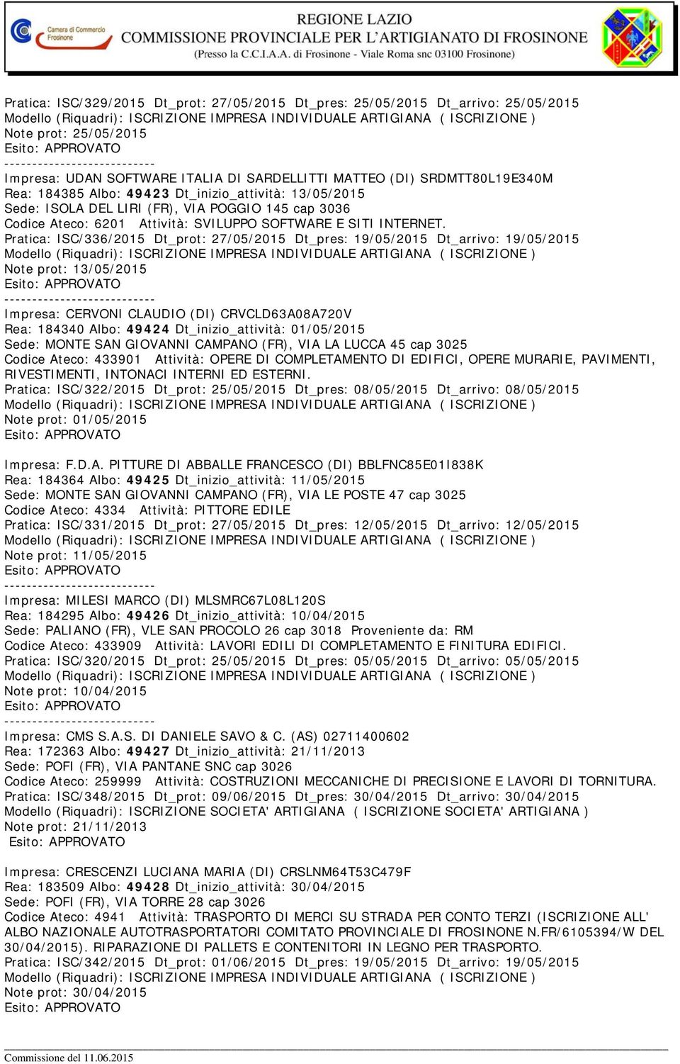 Pratica: ISC/336/2015 Dt_prot: 27/05/2015 Dt_pres: 19/05/2015 Dt_arrivo: 19/05/2015 Note prot: 13/05/2015 Impresa: CERVONI CLAUDIO (DI) CRVCLD63A08A720V Rea: 184340 Albo: 49424 Dt_inizio_attività: