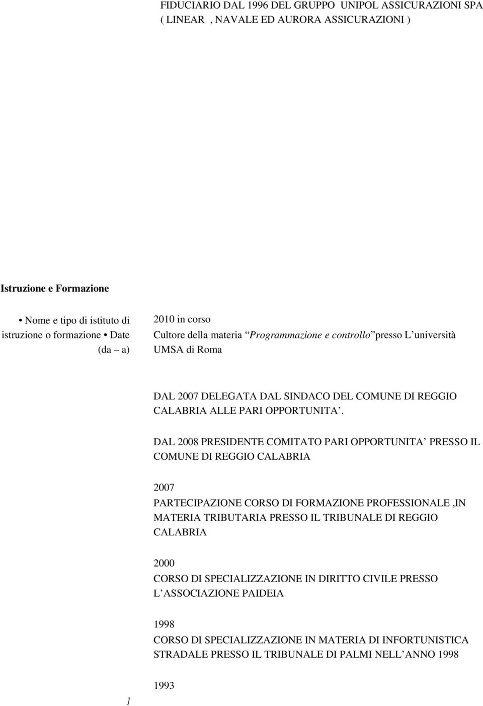 DAL 2008 PRESIDENTE COMITATO PARI OPPORTUNITA PRESSO IL COMUNE DI REGGIO CALABRIA 2007 PARTECIPAZIONE CORSO DI FORMAZIONE PROFESSIONALE,IN MATERIA TRIBUTARIA PRESSO IL TRIBUNALE DI