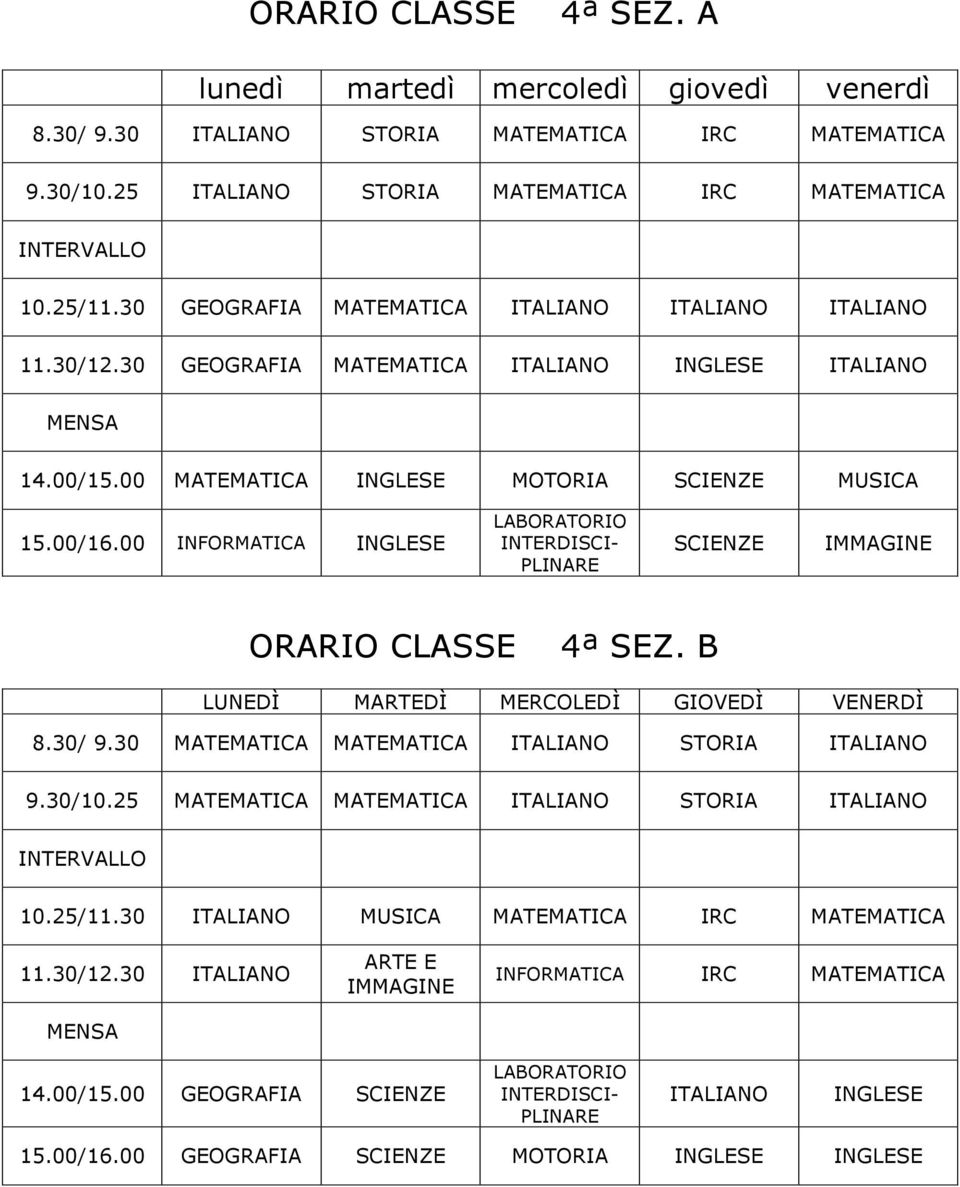 30 GEOGRAFIA MATEMATICA ITALIANO ITALIANO MENSA MATEMATICA MOTORIA MUSICA INFORMATICA LABORATORIO INTERDISCI- PLINARE ORARIO CLASSE 4ª SEZ.