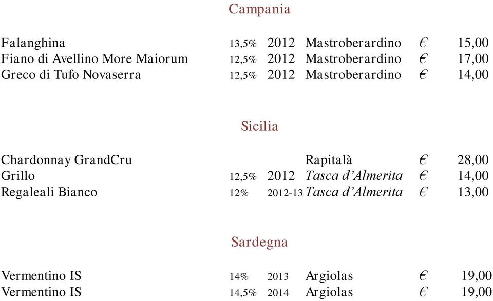 GrandCru Rapitalà 28,00 Grillo 12,5% 2012 Tasca d Almerita 14,00 Regaleali Bianco 12% 2012-13