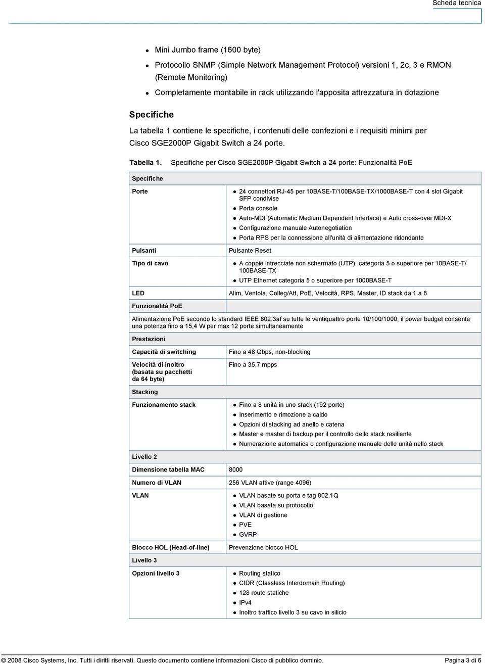 Specifiche per Cisco SGE2000P Gigabit Switch a 24 porte: Funzionalità PoE Specifiche Porte Pulsanti Tipo di cavo 24 connettori RJ-45 per 10BASE-T/100BASE-TX/1000BASE-T con 4 slot Gigabit SFP