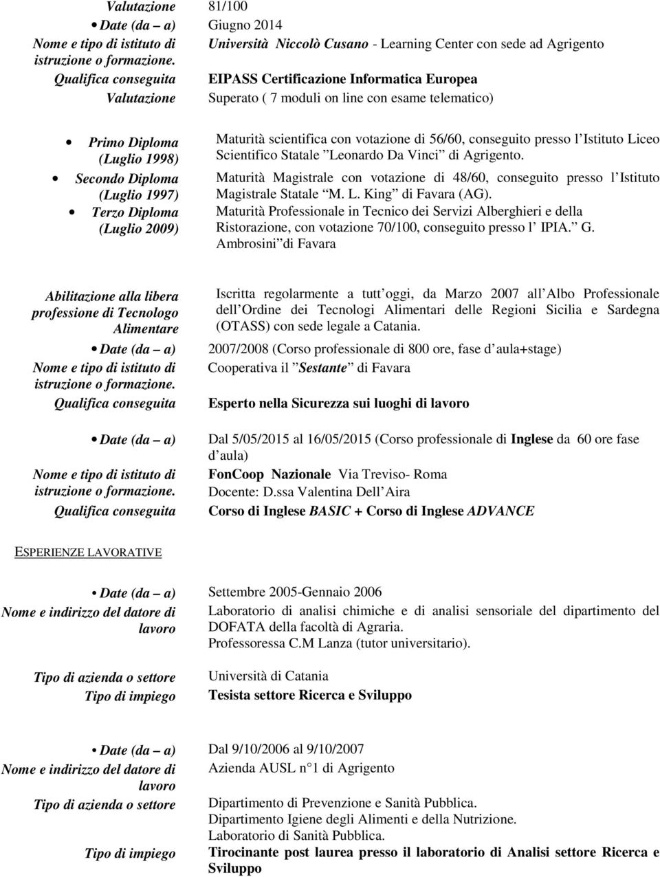 Leonardo Da Vinci di Agrigento. Maturità Magistrale con votazione di 48/60, conseguito presso l Istituto Magistrale Statale M. L. King di Favara (AG).