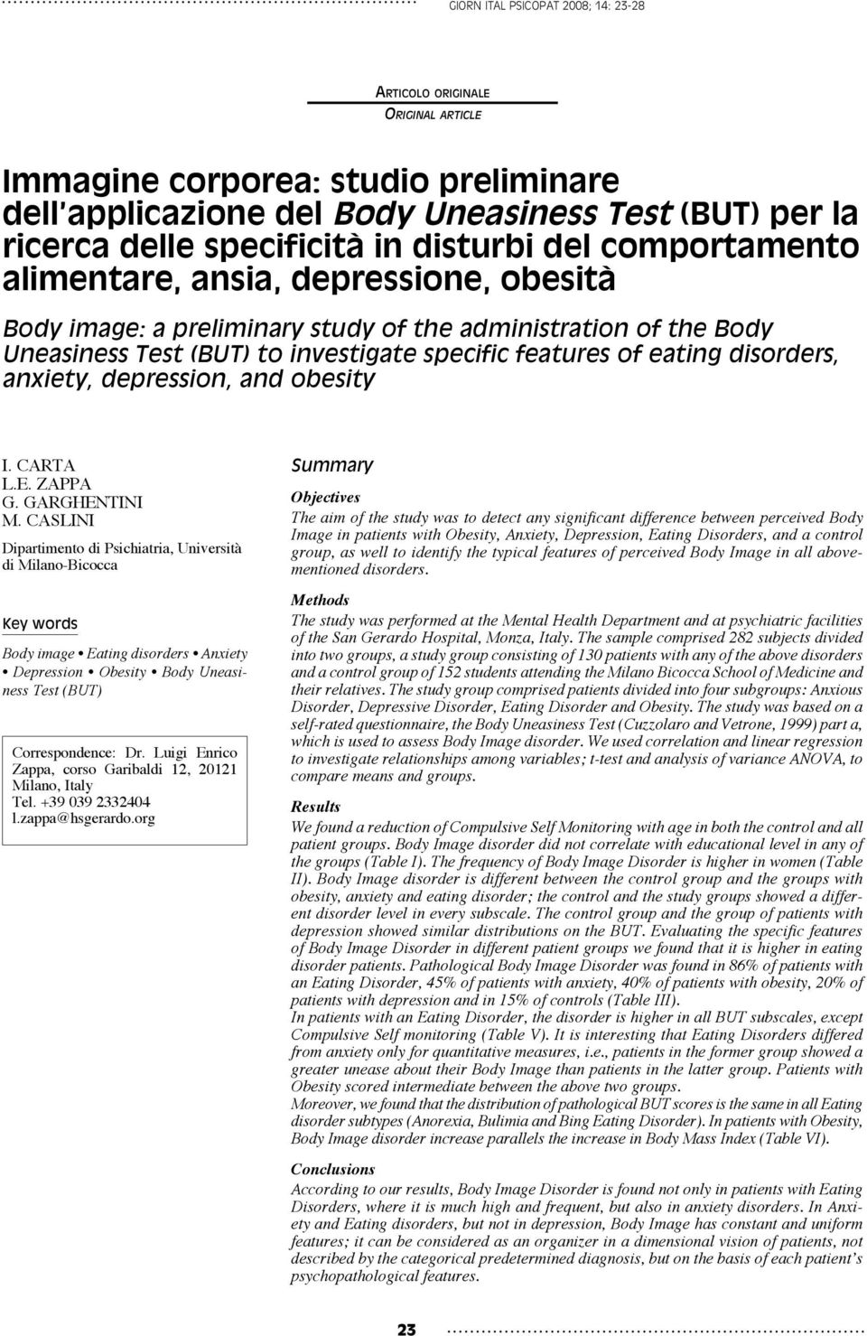 disorders, anxiety, depression, and obesity I. Carta L.E. Zappa G. Garghentini M.