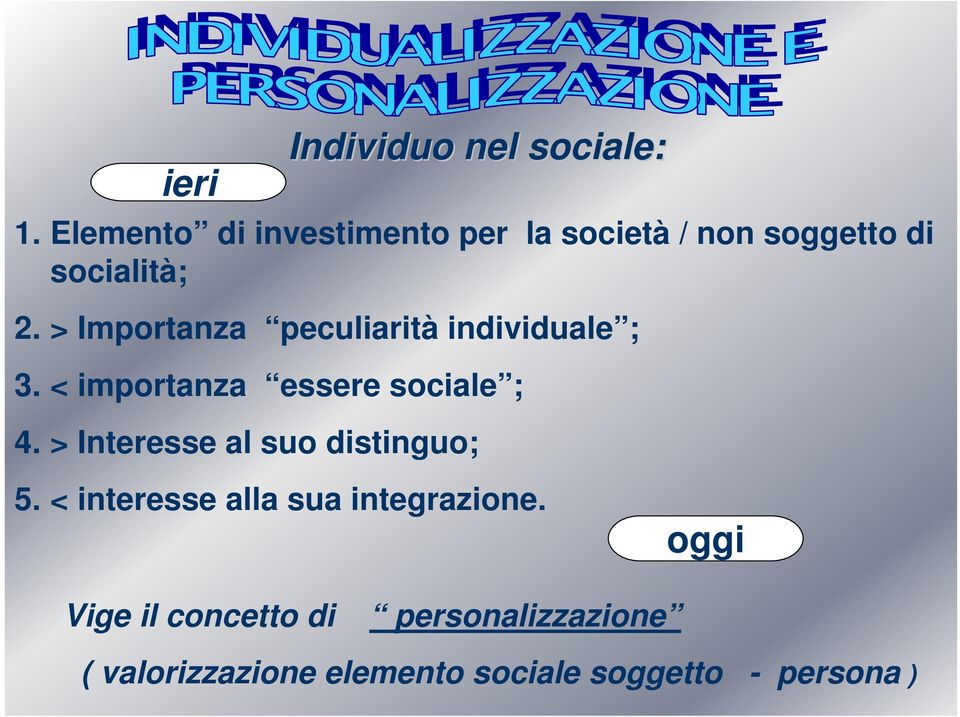 > Importanza peculiarità individuale ; 3. < importanza essere sociale ; 4.