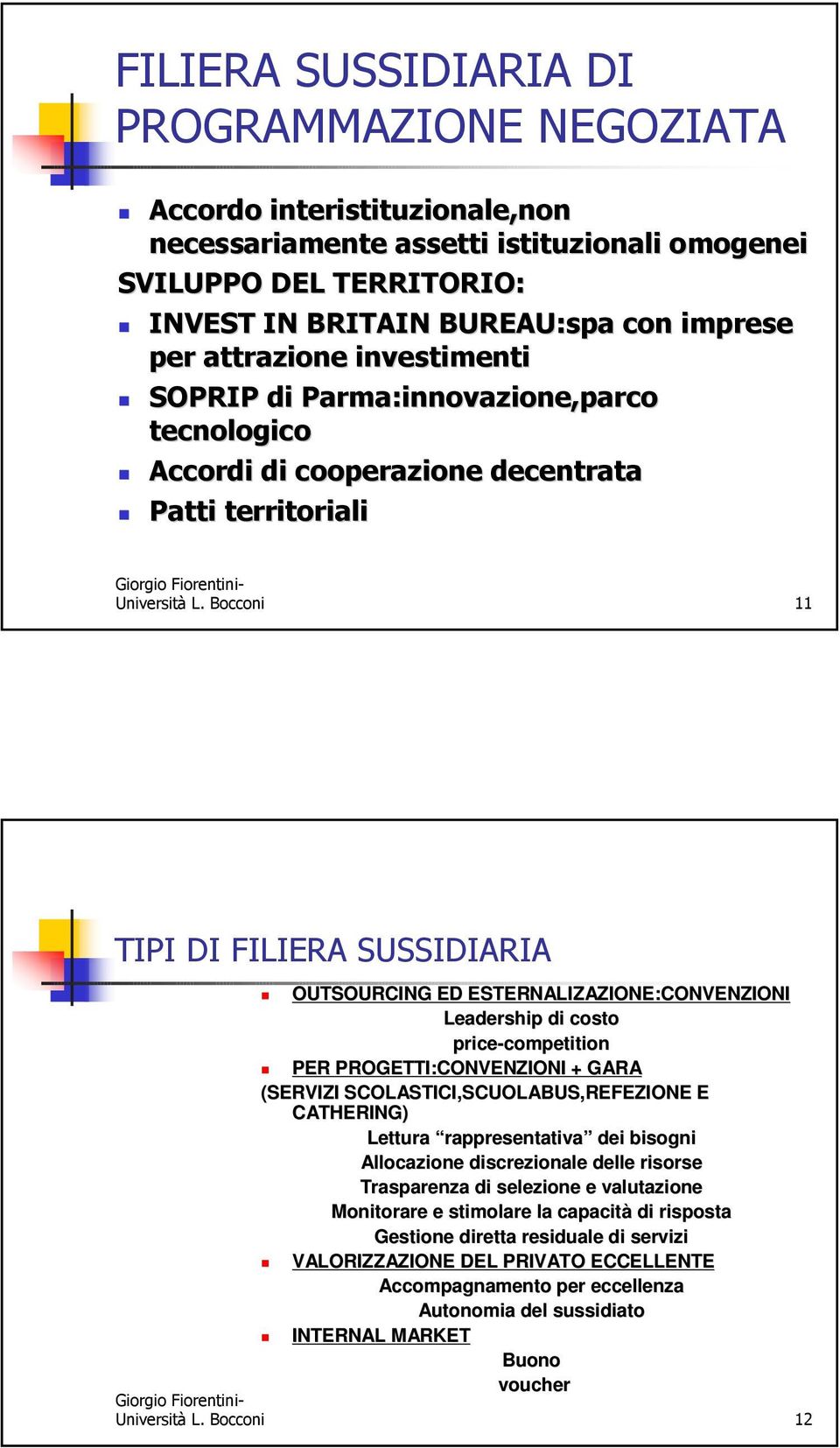 Bocconi 11 TIPI DI FILIERA SUSSIDIARIA OUTSOURCING ED ESTERNALIZAZIONE:CONVENZIONI Leadership di costo price-competition competition PER PROGETTI:CONVENZIONI + GARA (SERVIZI