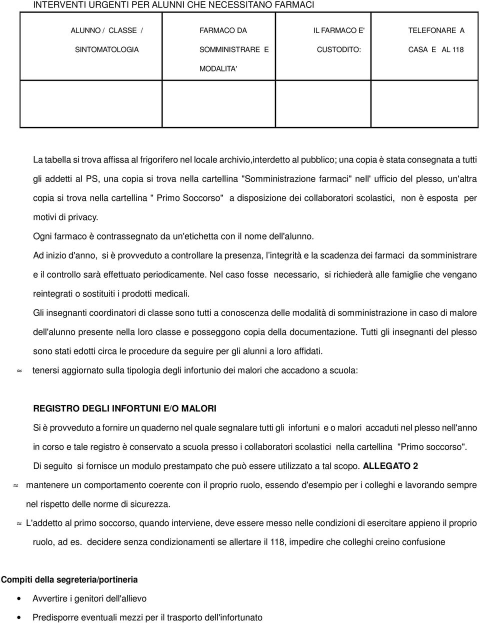 del plesso, un'altra copia si trova nella cartellina " Primo Soccorso" a disposizione dei collaboratori scolastici, non è esposta per motivi di privacy.