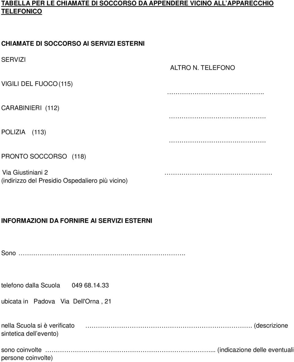 .. PRONTO SOCCORSO (118) Via Giustiniani 2 (indirizzo del Presidio Ospedaliero più vicino) INFORMAZIONI DA FORNIRE AI SERVIZI ESTERNI Sono.