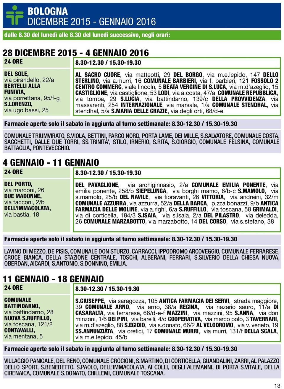 barbieri, 121 FOSSOLO 2 CENTRO COMMERC, viale lincoln, 5 BEATA VERGINE DI S.LUCA, via m.d azeglio, 15 CASTIGLIONE, via castiglione, 53 LODI, via a.costa, 47/a COMUNALE REPUBBLICA, via tomba, 29 S.