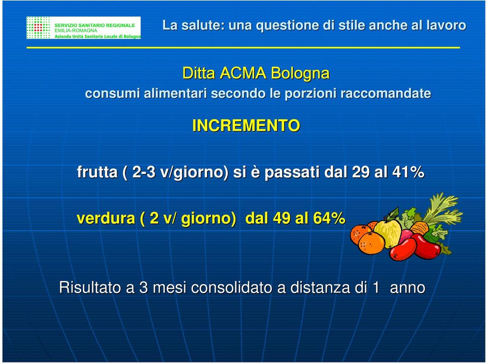 frutta ( 2-32 3 v/giorno) si è passati dal 29 al 41% verdura ( 2 v/