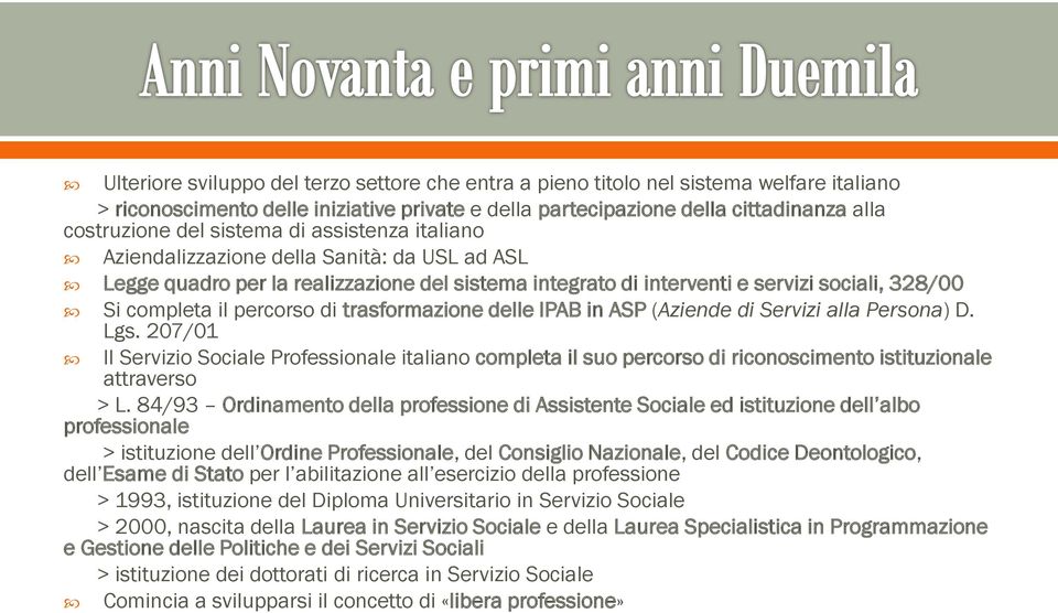 trasformazione delle IPAB in ASP (Aziende di Servizi alla Persona) D. Lgs. 207/01 Il Servizio Sociale Professionale italiano completa il suo percorso di riconoscimento istituzionale attraverso > L.