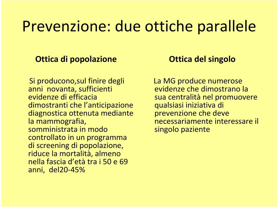 screening di popolazione, riduce la mortalità, almeno nella fascia d etàtra i 50 e 69 anni, del20-45% Ottica del singolo La MG produce