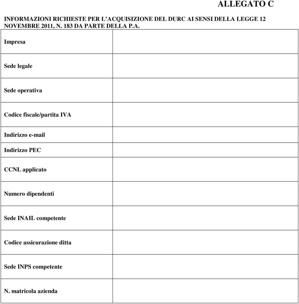 PARTE DELLA P.A. Impresa Sede legale Sede operativa Codice fiscale/partita IVA