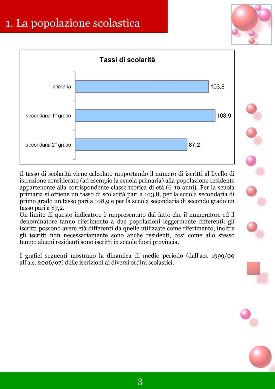 Per la scuola primaria si ottiene un tasso di scolarità pari a 103,8, per la scuola secondaria di primo grado un tasso pari a 108,9 e per la scuola secondaria di secondo grado un tasso pari a 87,2.