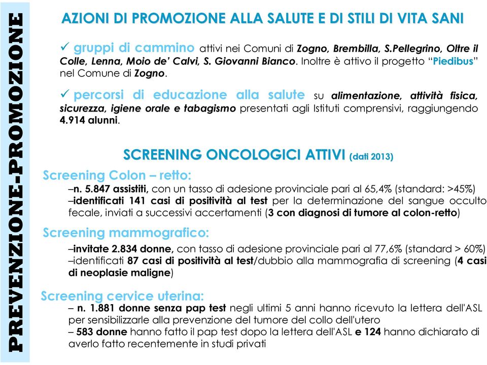 percorsi di educazione alla salute su alimentazione, attività fisica, sicurezza, igiene orale e tabagismo presentati agli Istituti comprensivi, raggiungendo 4.914 alunni.