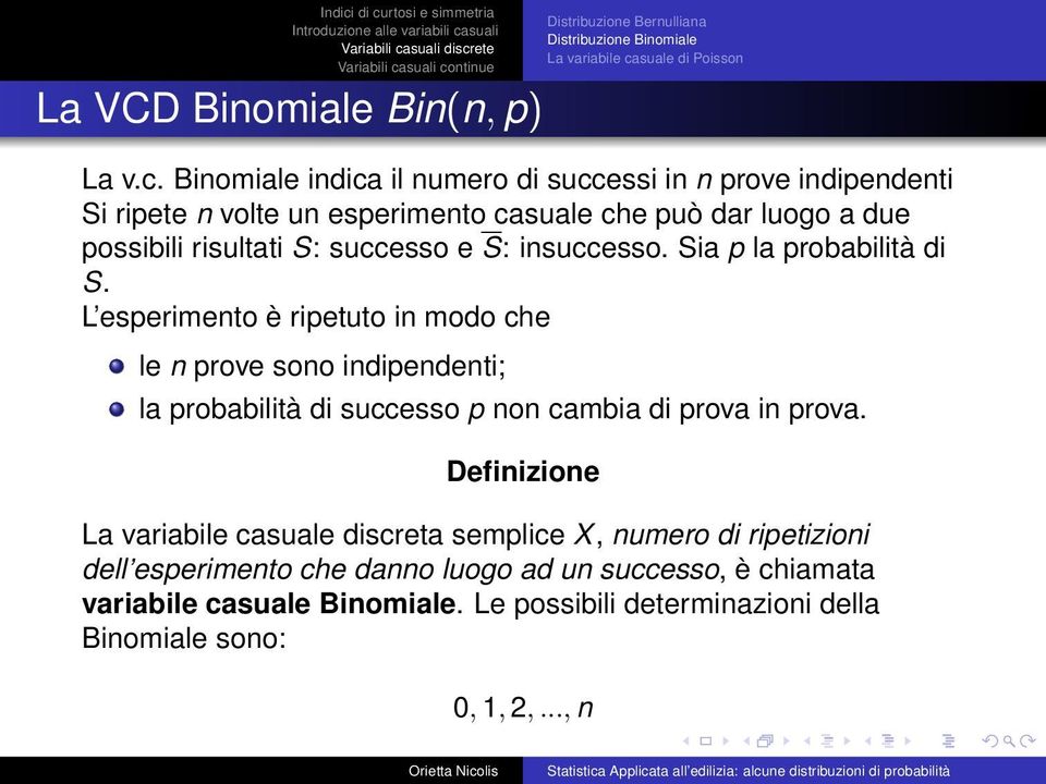 Binomiale indica il numero di successi in n prove indipendenti Si ripete n volte un esperimento casuale che può dar luogo a due possibili risultati S: successo e S: