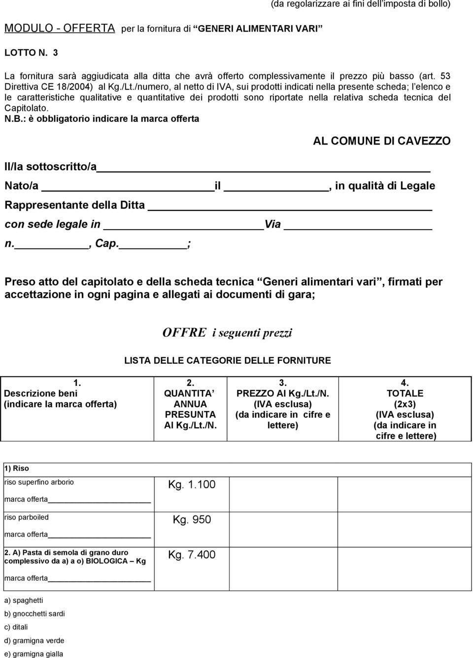 /numero, al netto di IVA, sui prodotti indicati nella presente scheda; l elenco e le caratteristiche qualitative e quantitative dei prodotti sono riportate nella relativa scheda tecnica del