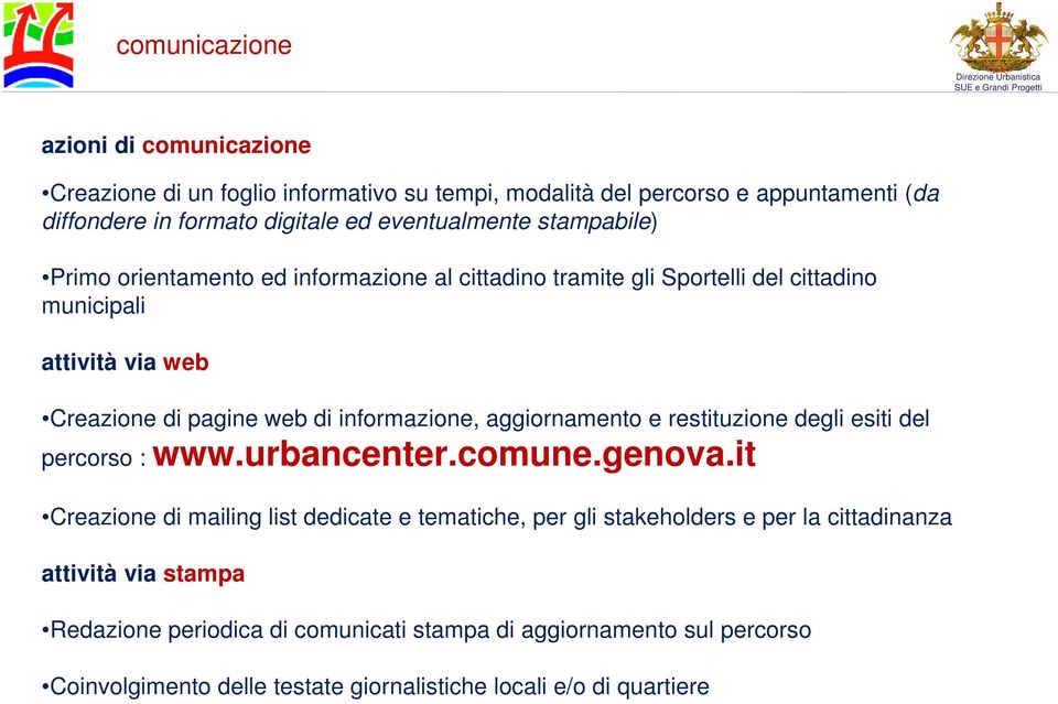 informazione, aggiornamento e restituzione degli esiti del percorso : www.urbancenter.comune.genova.