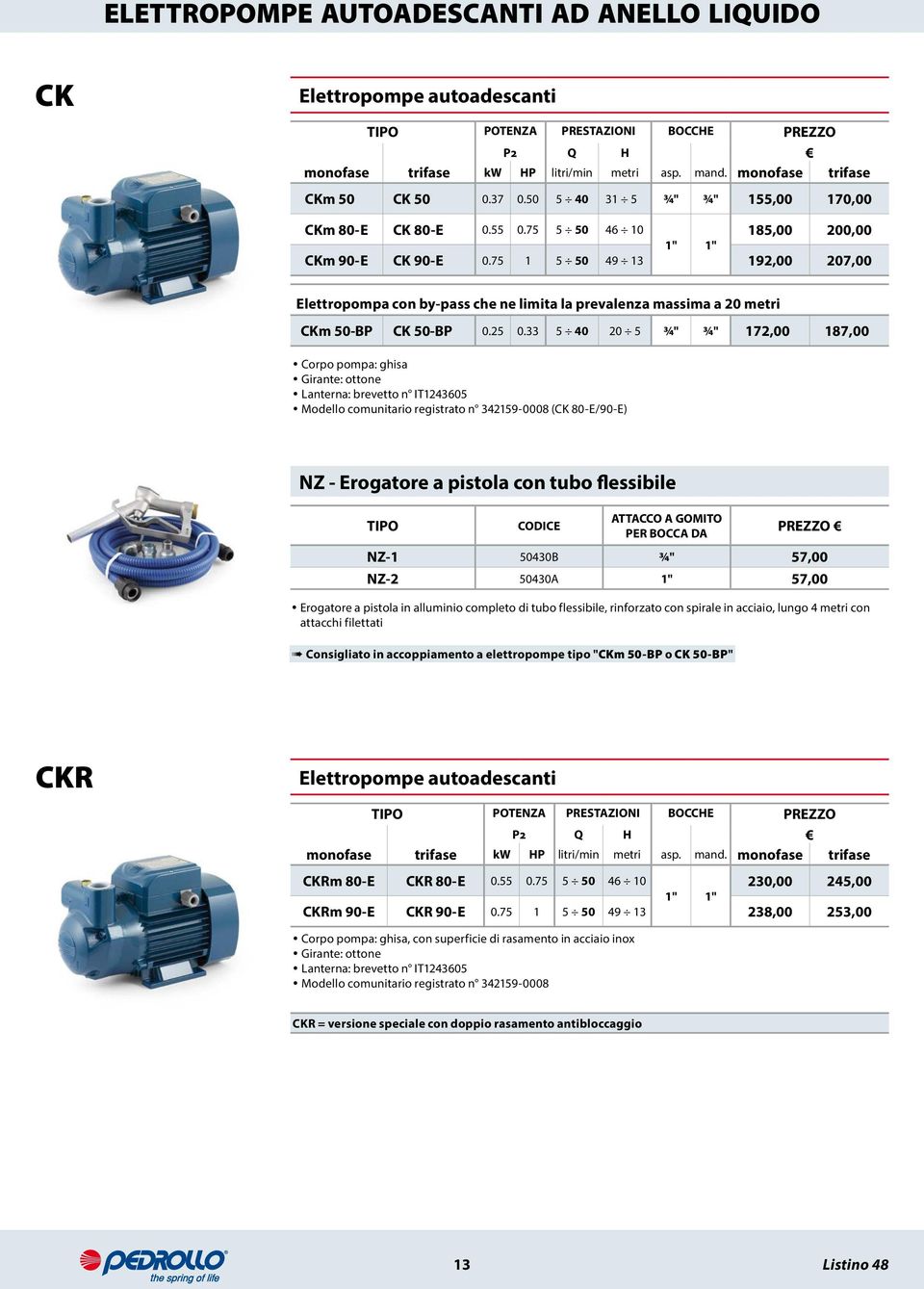 75 1 5 50 49 13 192,00 207,00 Elettropompa con by-pass che ne limita la prevalenza massima a 20 metri CKm 50-BP CK 50-BP 0.25 0.