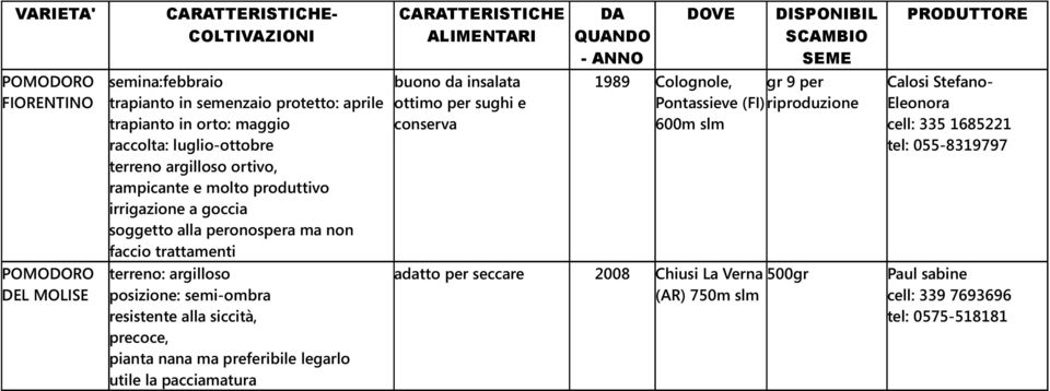 siccità, precoce, pianta nana ma preferibile legarlo utile la pacciamatura buono da insalata ottimo per sughi e conserva 1989 Colognole, gr 9 per Pontassieve (FI)