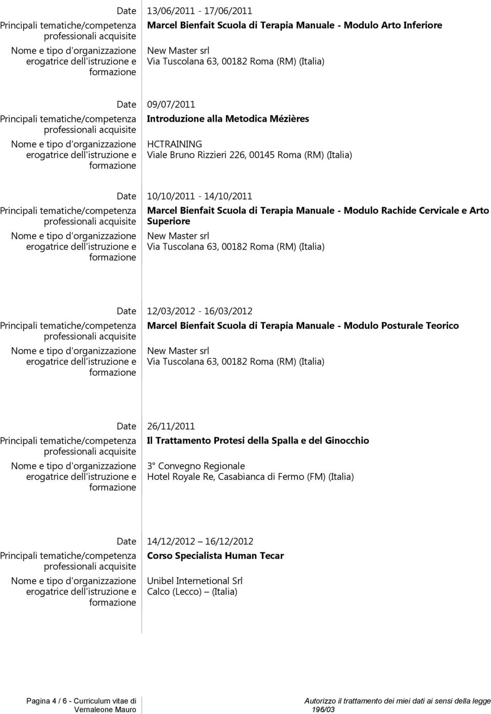 Bienfait Scuola di Terapia Manuale - Modulo Posturale Teorico 26/11/2011 Il Trattamento Protesi della Spalla e del Ginocchio 3 Convegno Regionale Hotel Royale Re,