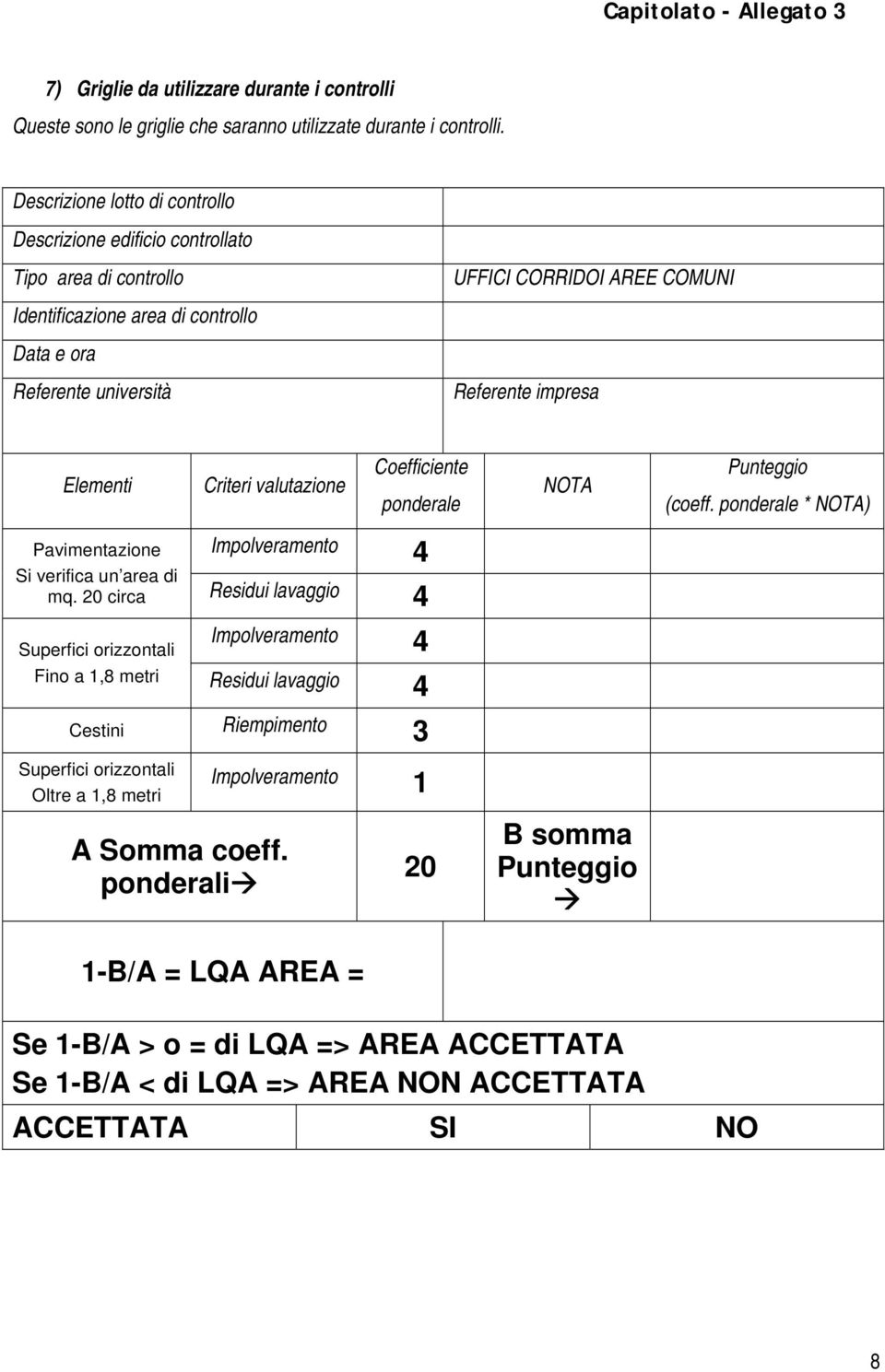 Referente impresa Elementi Criteri valutazione Coefficiente ponderale NOTA Punteggio (coeff. ponderale * NOTA) Pavimentazione 4 Si verifica un area di mq.