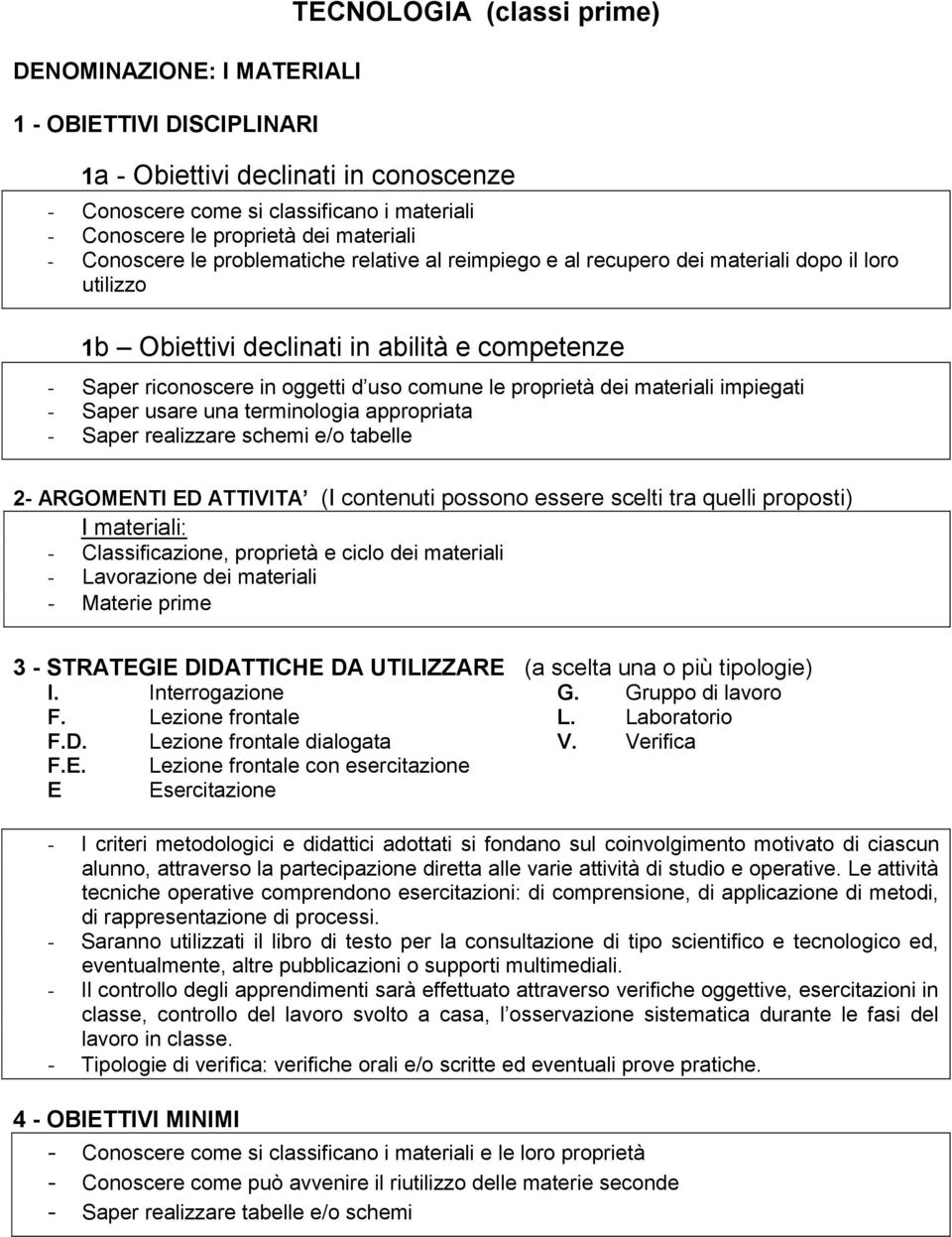 terminologia appropriata - Saper realizzare schemi e/o tabelle 2- ARGOMENTI ED ATTIVITA (I contenuti possono essere scelti tra quelli proposti) I materiali: - Classificazione, proprietà e ciclo dei