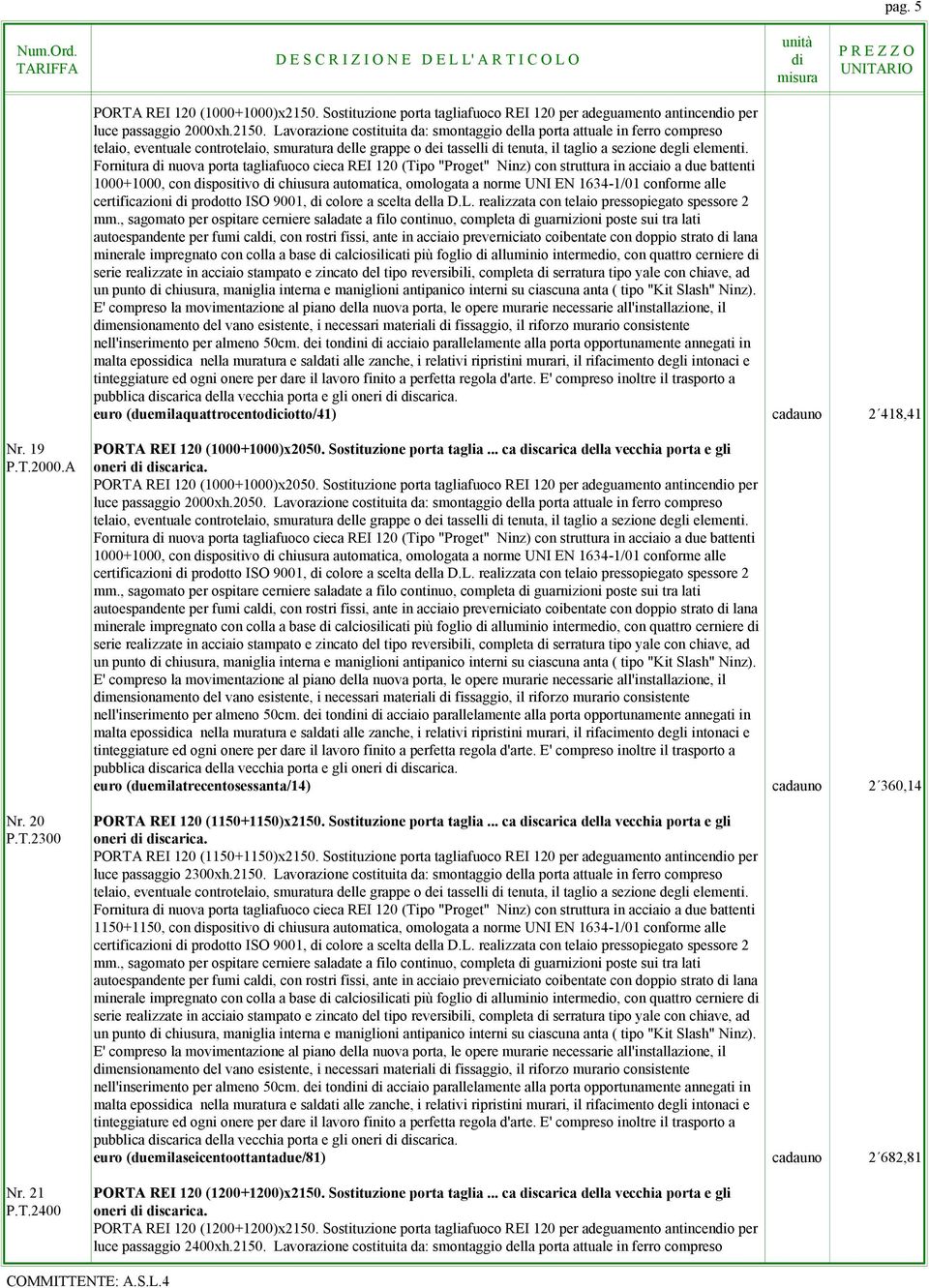 Lavorazione costituita da: smontaggio della porta attuale in ferro compreso pubblica scarica della vecchia porta e gli euro (duemilaquattrocentociotto/41) cadauno 2 418,41 Nr. 19 P.T.2000.A Nr. 20 P.