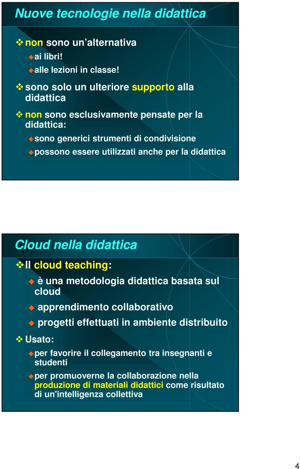 utilizzati anche per la didattica Cloud nella didattica Il cloud teaching: è una metodologia didattica basata sul cloud apprendimento collaborativo
