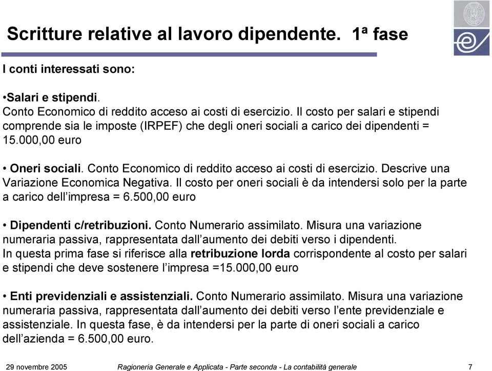 Descrive una Variazione Economica Negativa. Il costo per oneri sociali è da intendersi solo per la parte a carico dell impresa = 6.500,00 euro Dipendenti c/retribuzioni. Conto Numerario assimilato.