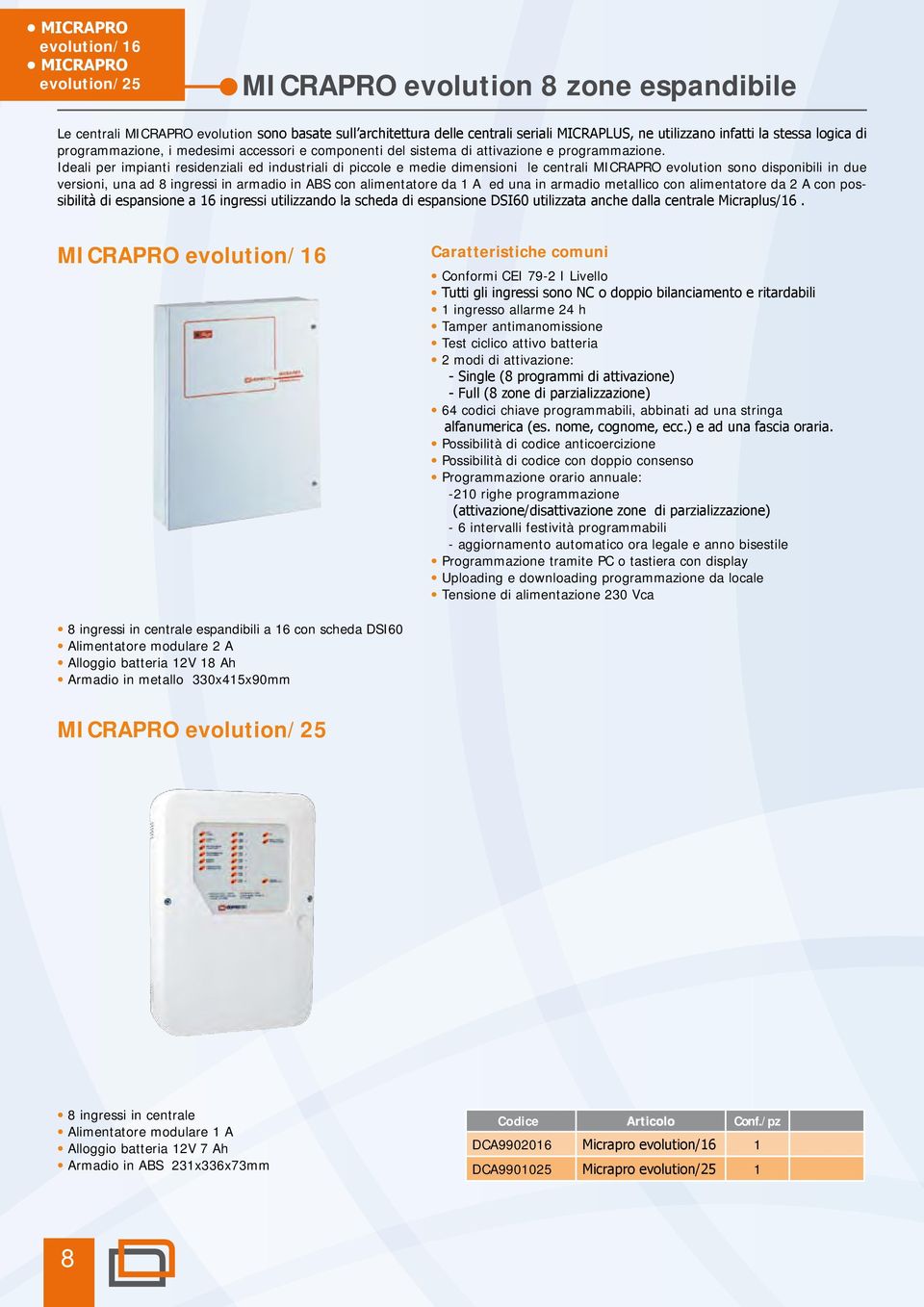 Ideali per impianti residenziali ed industriali di piccole e medie dimensioni le centrali MICRAPRO evolution sono disponibili in due versioni, una ad 8 ingressi in armadio in ABS con alimentatore da