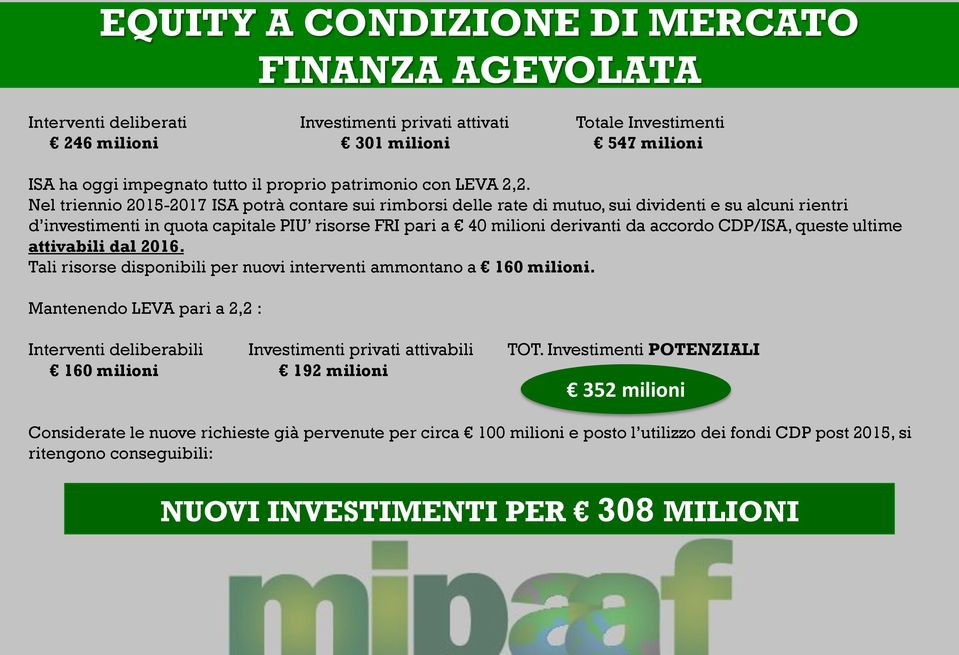 Nel triennio 2015-2017 ISA potrà contare sui rimborsi delle rate di mutuo, sui dividenti e su alcuni rientri d investimenti in quota capitale PIU risorse FRI pari a 40 milioni derivanti da accordo