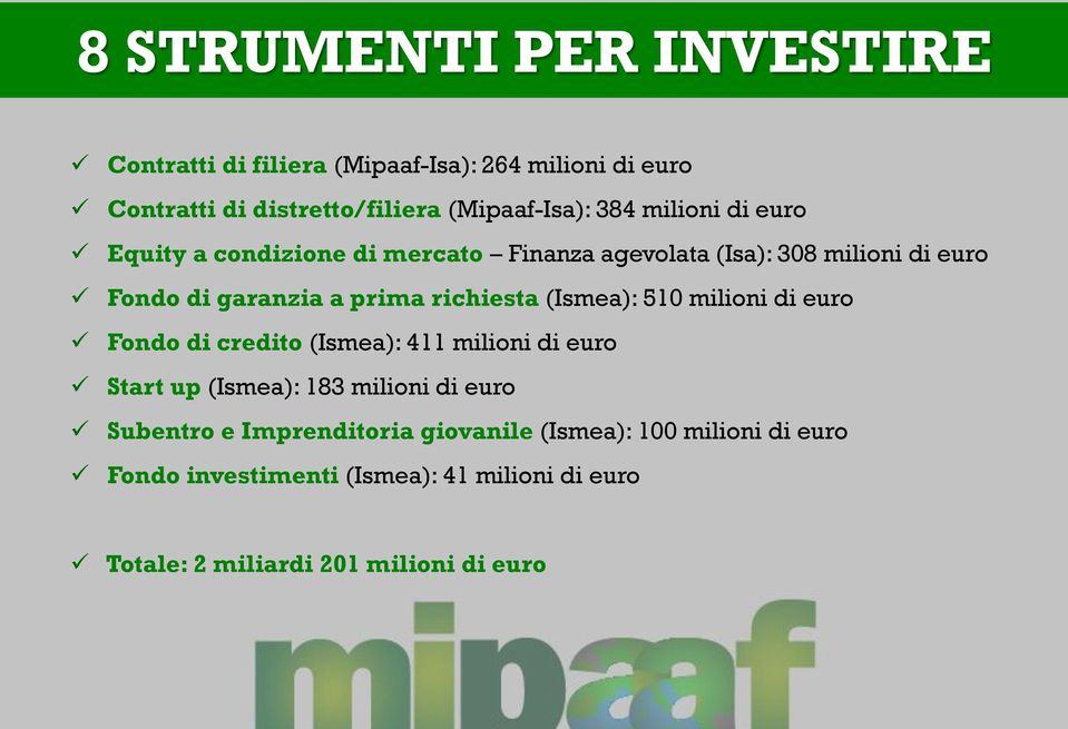 (Ismea): 510 milioni di euro Fondo di credito (Ismea): 411 milioni di euro Start up (Ismea): 183 milioni di euro Subentro e