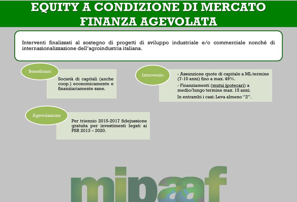 Intervento - Assunzione quote di capitale a ML termine (7-10 anni) fino a max. 49%.