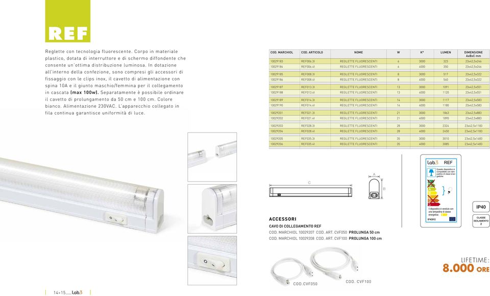 cascata (max 100w). Separatamente è possibile ordinare il cavetto di prolungamento da 50 cm e 100 cm. olore bianco. limentazione 230V.