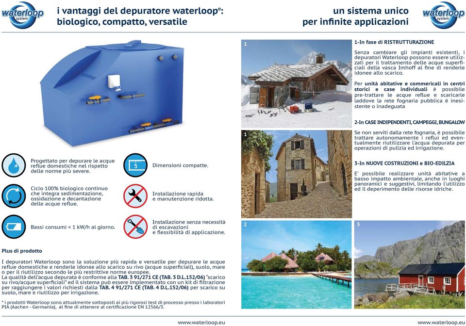 Per unità abitative e commericali in centri storici e case individuali è possibile pre-trattare le acque reflue e scaricarle laddove la rete fognaria pubblica è inesistente o inadeguata 2-In CASE