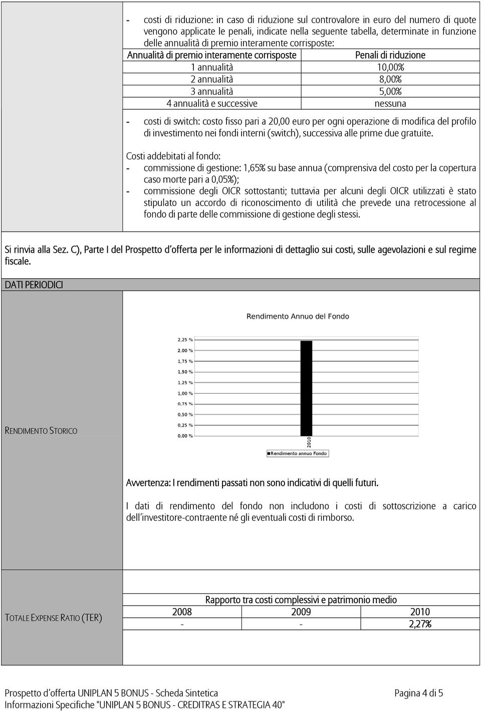 costo fisso pari a 20,00 euro per ogni operazione di modifica del profilo di investimento nei fondi interni (switch), successiva alle prime due gratuite.