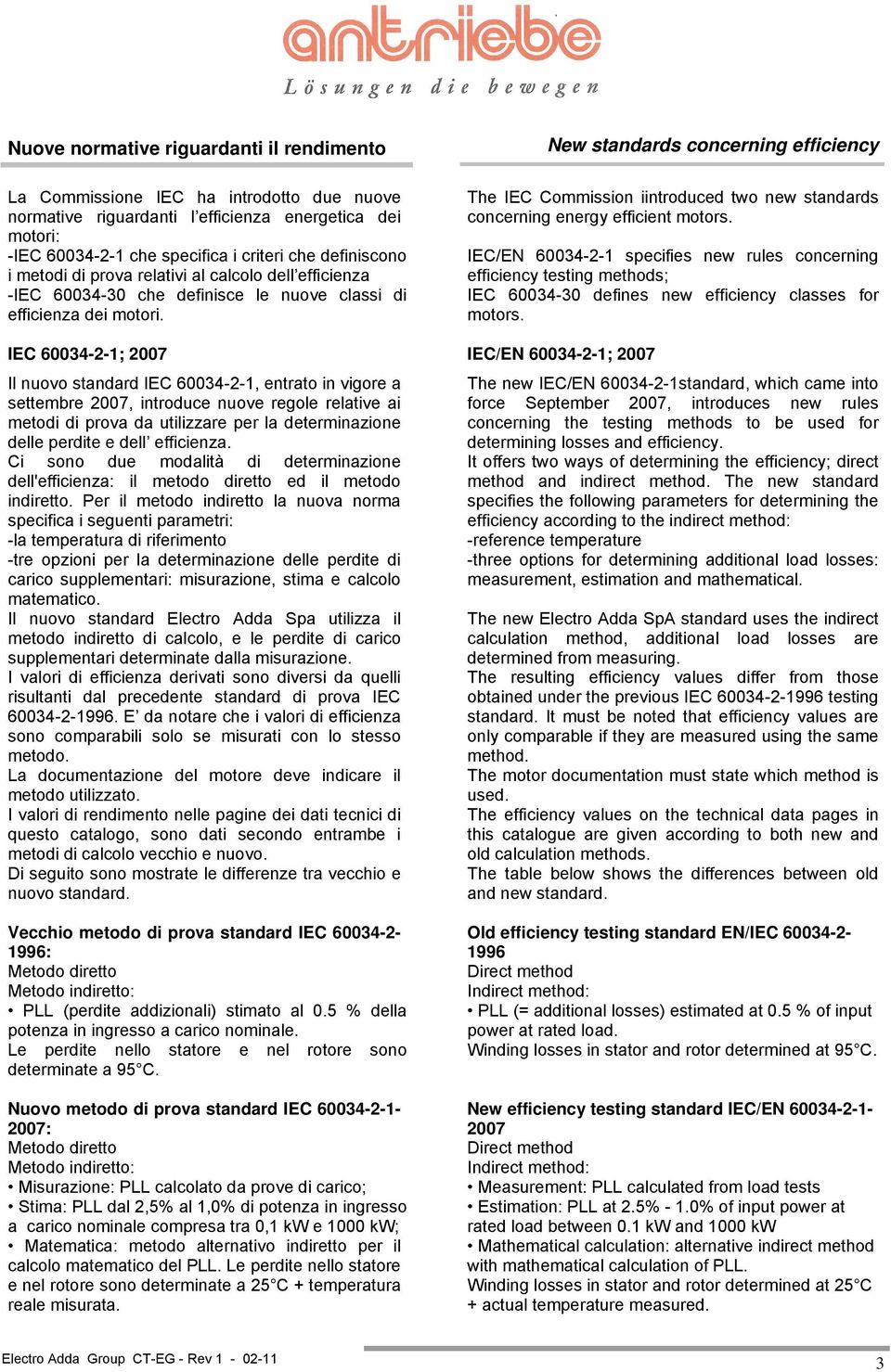 IEC 60034-2-1; 2007 Il nuovo standard IEC 60034-2-1, entrato in vigore a settembre 2007, introduce nuove regole relative ai metodi di prova da utilizzare per la determinazione delle perdite e dell