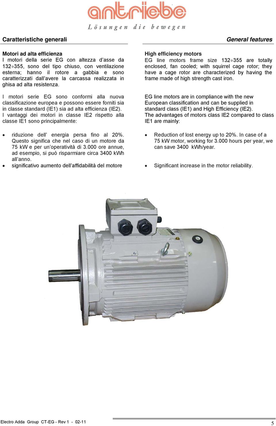 I motori serie EG sono conformi alla nuova classificazione europea e possono essere forniti sia in classe standard (IE1) sia ad alta efficienza (IE2).