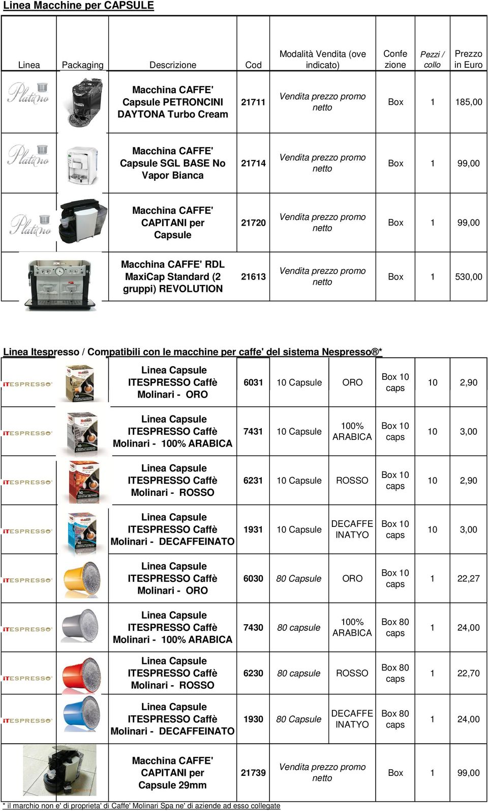 macchine per caffe' del sistema Nespresso * Molinari - ORO 6031 10 Capsule ORO Box 10 10 2,90 Molinari - 7431 10 Capsule Box 10 10 3,00 Molinari - ROSSO 6231 10 Capsule ROSSO Box 10 10 2,90 Molinari