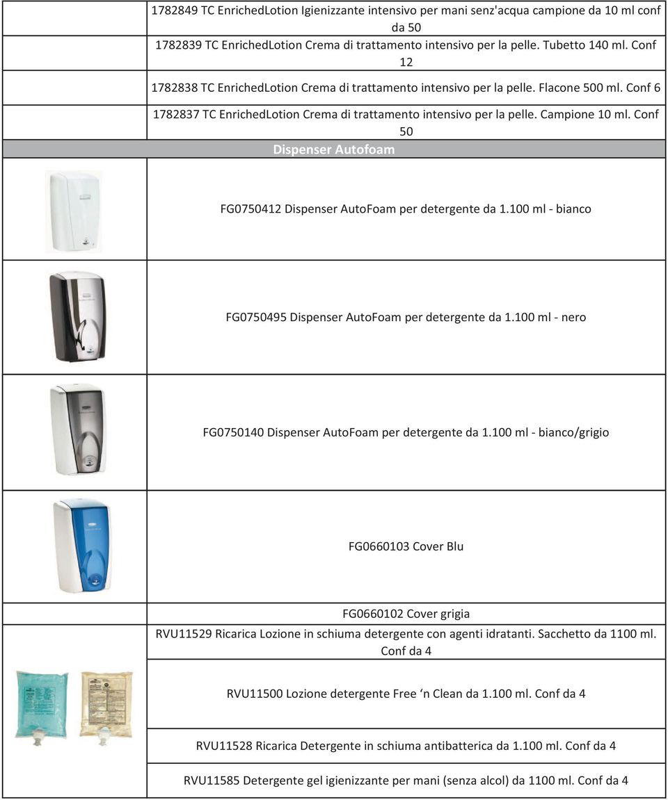 Conf 50 Dispenser Autofoam FG0750412 Dispenser AutoFoam per detergente da 1.100 ml bianco FG0750495 Dispenser AutoFoam per detergente da 1.100 ml nero FG0750140 Dispenser AutoFoam per detergente da 1.