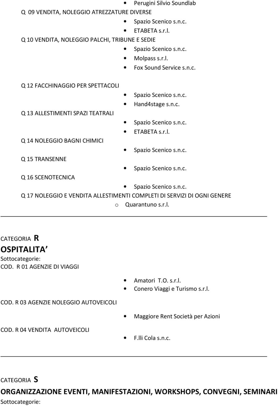 Q 17 NOLEGGIO E VENDITA ALLESTIMENTI COMPLETI DI SERVIZI DI OGNI GENERE o Quarantuno s.r.l. CATEGORIA R OSPITALITA COD. R 01 AGENZIE DI VIAGGI COD.