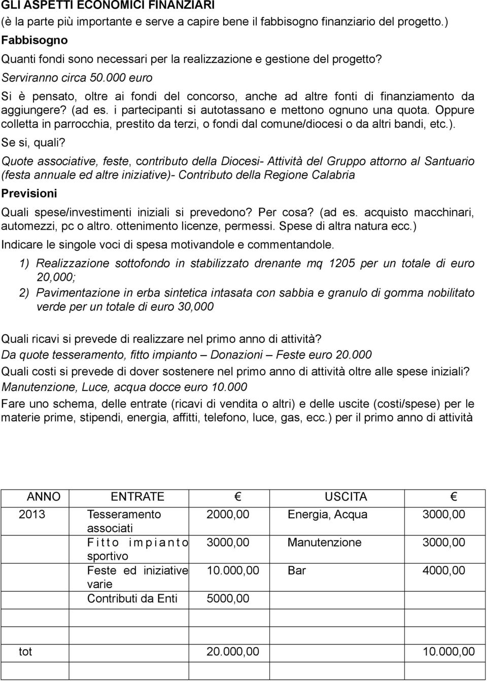 000 euro Si è pensato, oltre ai fondi del concorso, anche ad altre fonti di finanziamento da aggiungere? (ad es. i partecipanti si autotassano e mettono ognuno una quota.