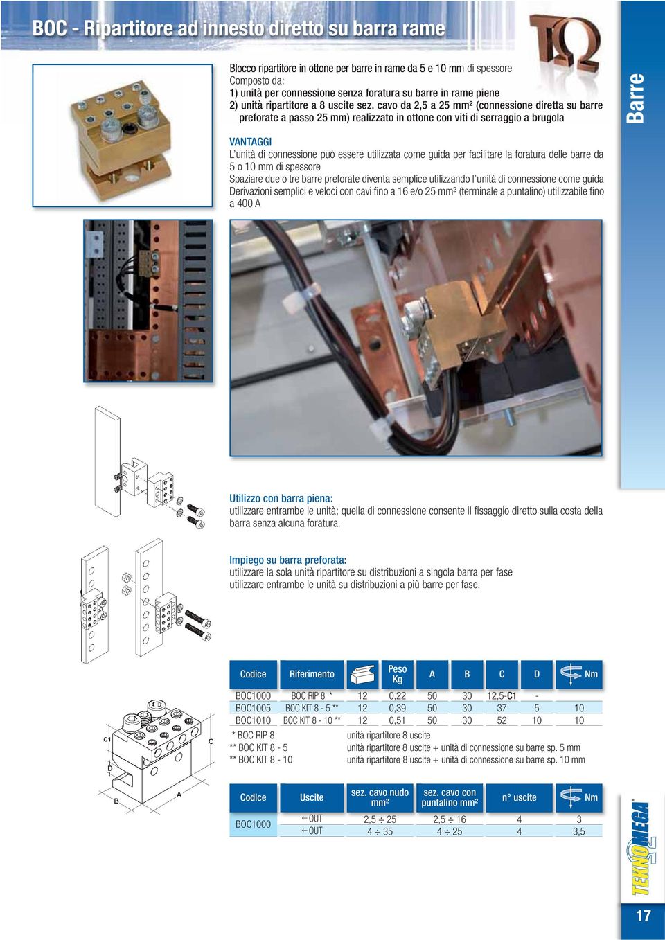 cavo da, a ² (connessione diretta su barre preforate a passo ) realizzato in ottone con viti di serraggio a brugola Barre VANTAGGI L unità di connessione può essere utilizzata come guida per