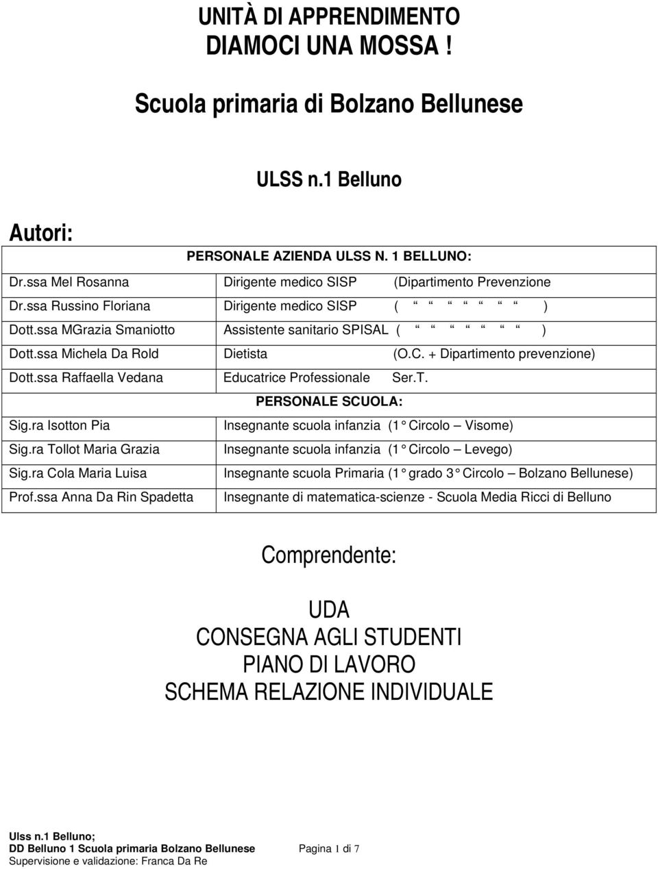 ssa Michela Da Rold Dietista (O.C. + Dipartimento prevenzione) Dott.ssa Raffaella Vedana Educatrice Professionale Ser.T. Sig.ra Isotton Pia Sig.ra Tollot Maria Grazia Sig.ra Cola Maria Luisa Prof.